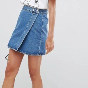 ASOS denim wrap skirt in midwash blue